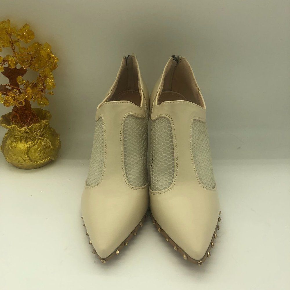 Beige Women's Rivets Mid Heel Pointed Toe Ankle Boots Shoes